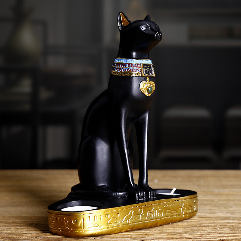 Egyptian Cat Figurine Candle Holder — Handmade Resin Bastet Statue