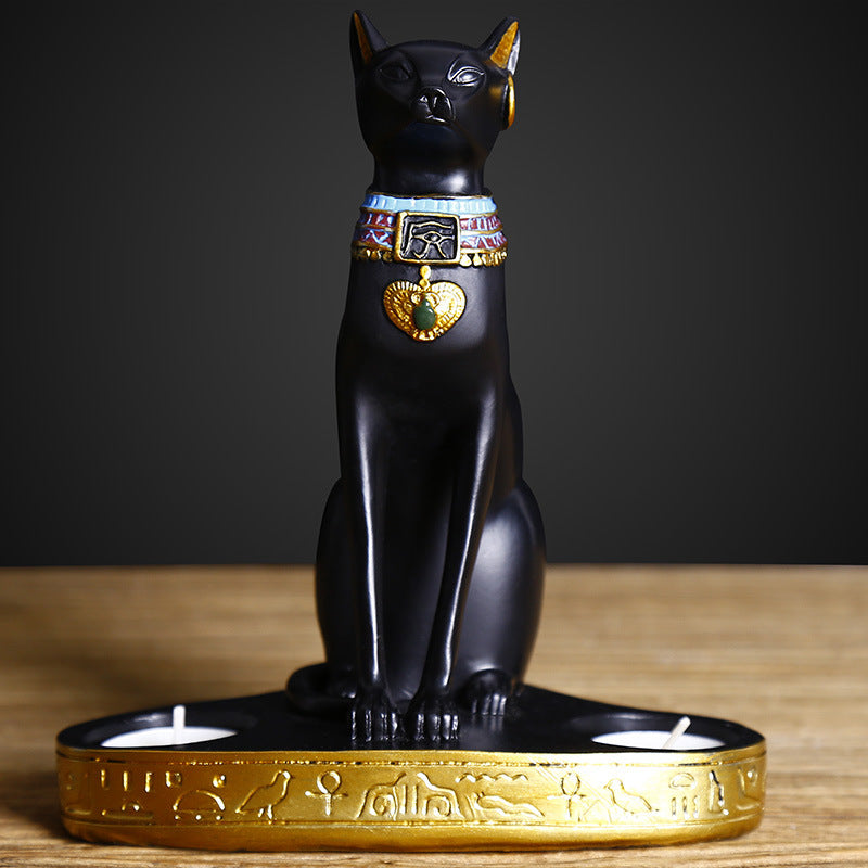 Egyptian Cat Figurine Candle Holder — Handmade Resin Bastet Statue