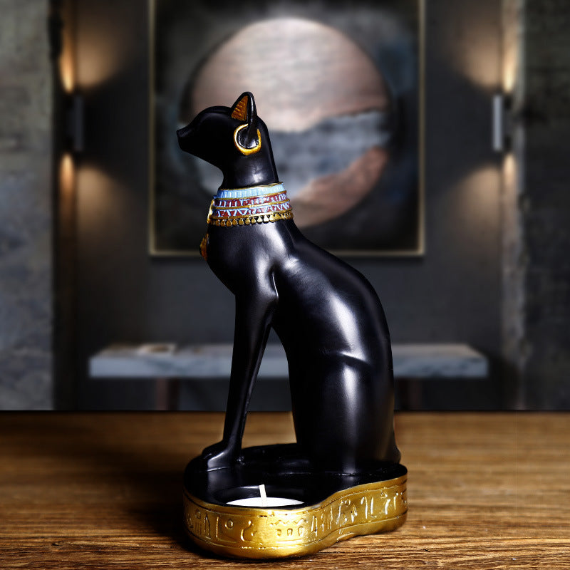 Egyptian Cat Figurine Candle Holder — Handmade Resin Bastet Statue