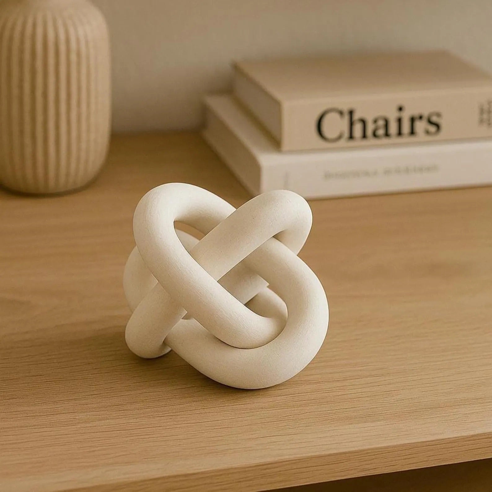 Minimalist walnut wood ring sculpture with triple circle design for modern home décor
