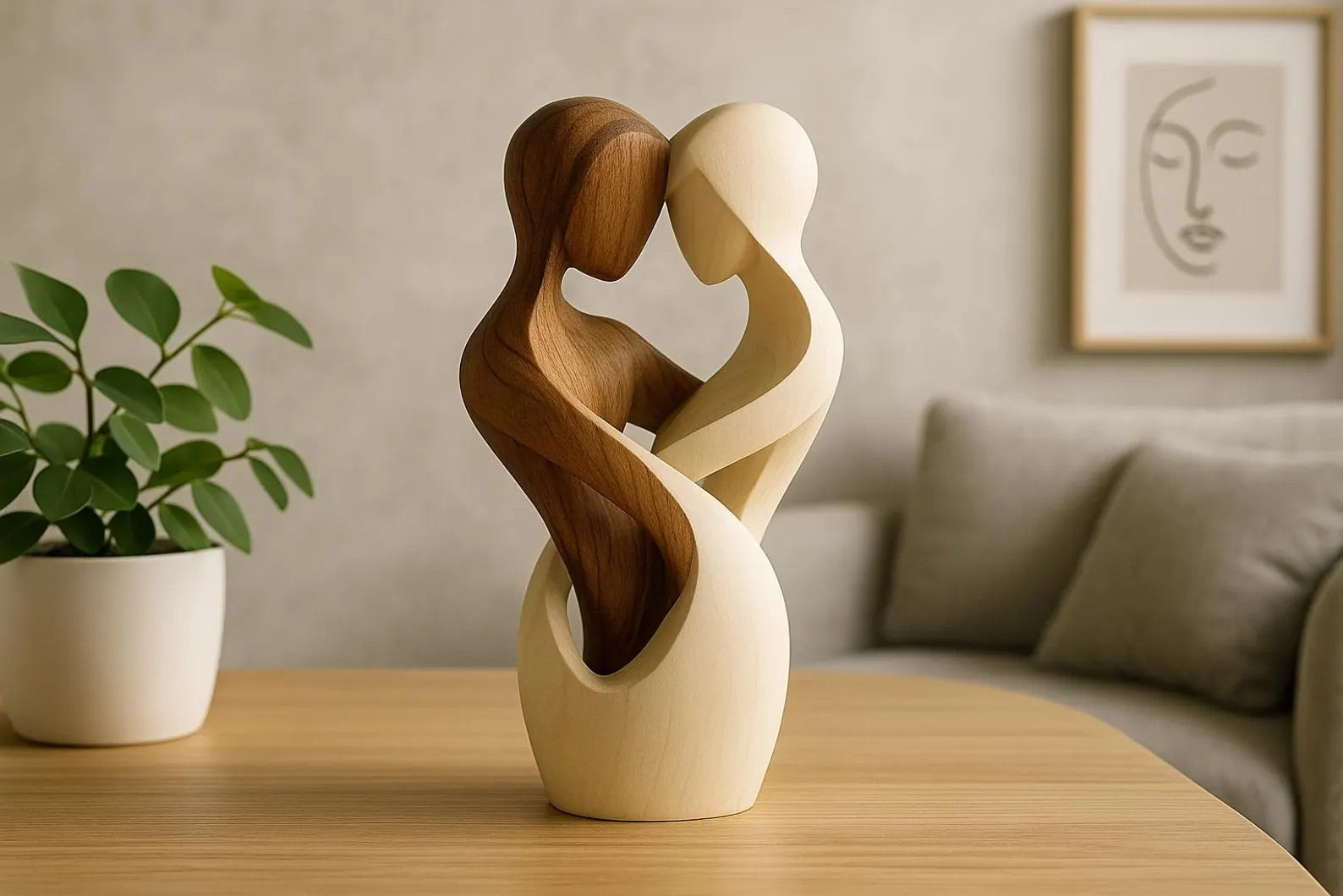 Minimalist wooden sculpture of a hugging couple – dual-tone home décor figurine

