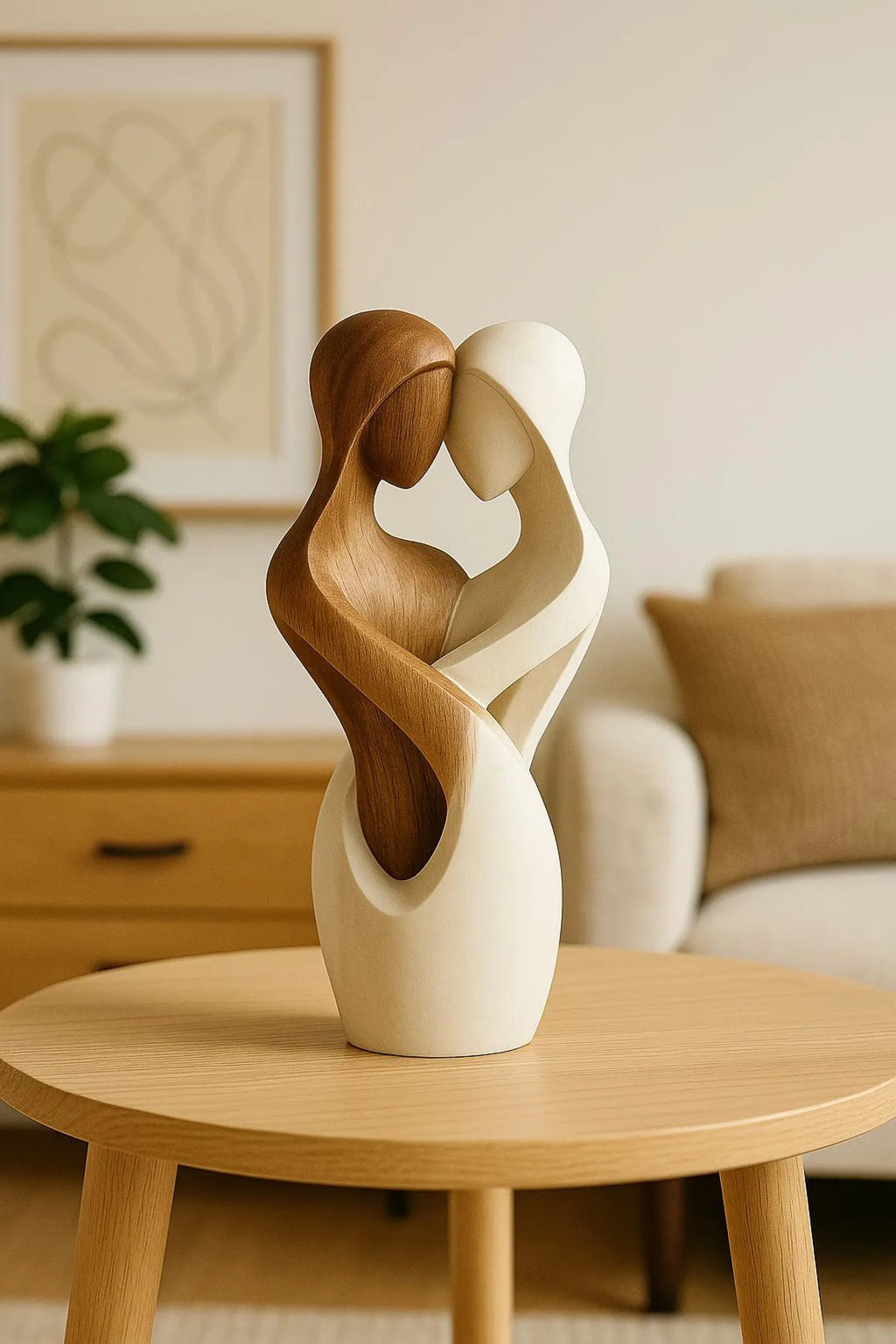 Minimalist wooden sculpture of a hugging couple – dual-tone home décor figurine
