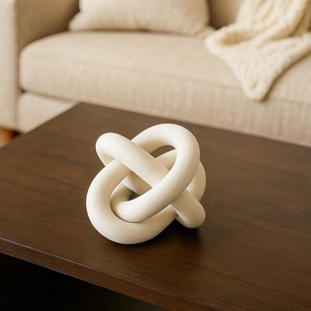 Minimalist walnut wood ring sculpture with triple circle design for modern home décor
