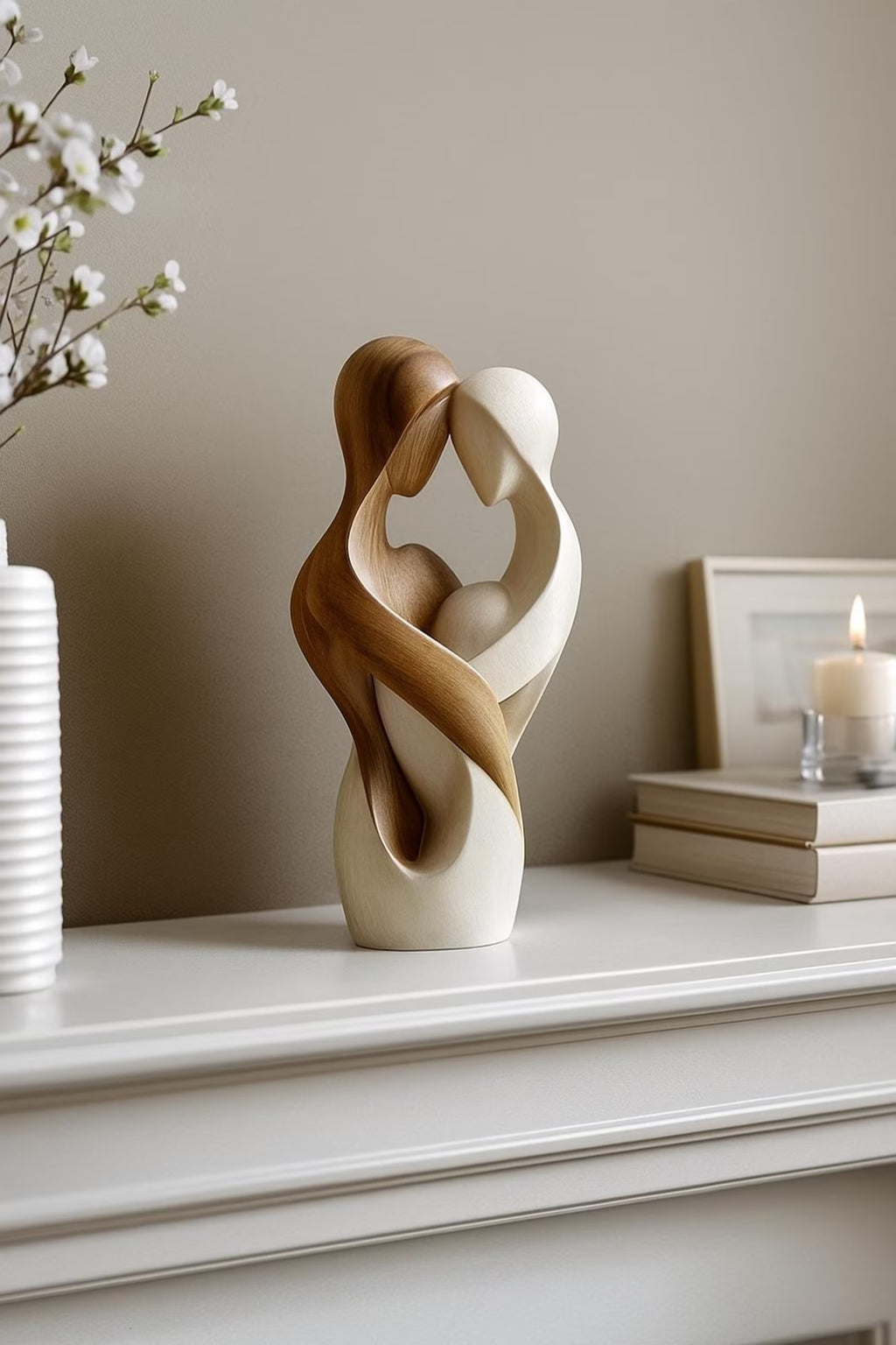 Minimalist wooden sculpture of a hugging couple – dual-tone home décor figurine
