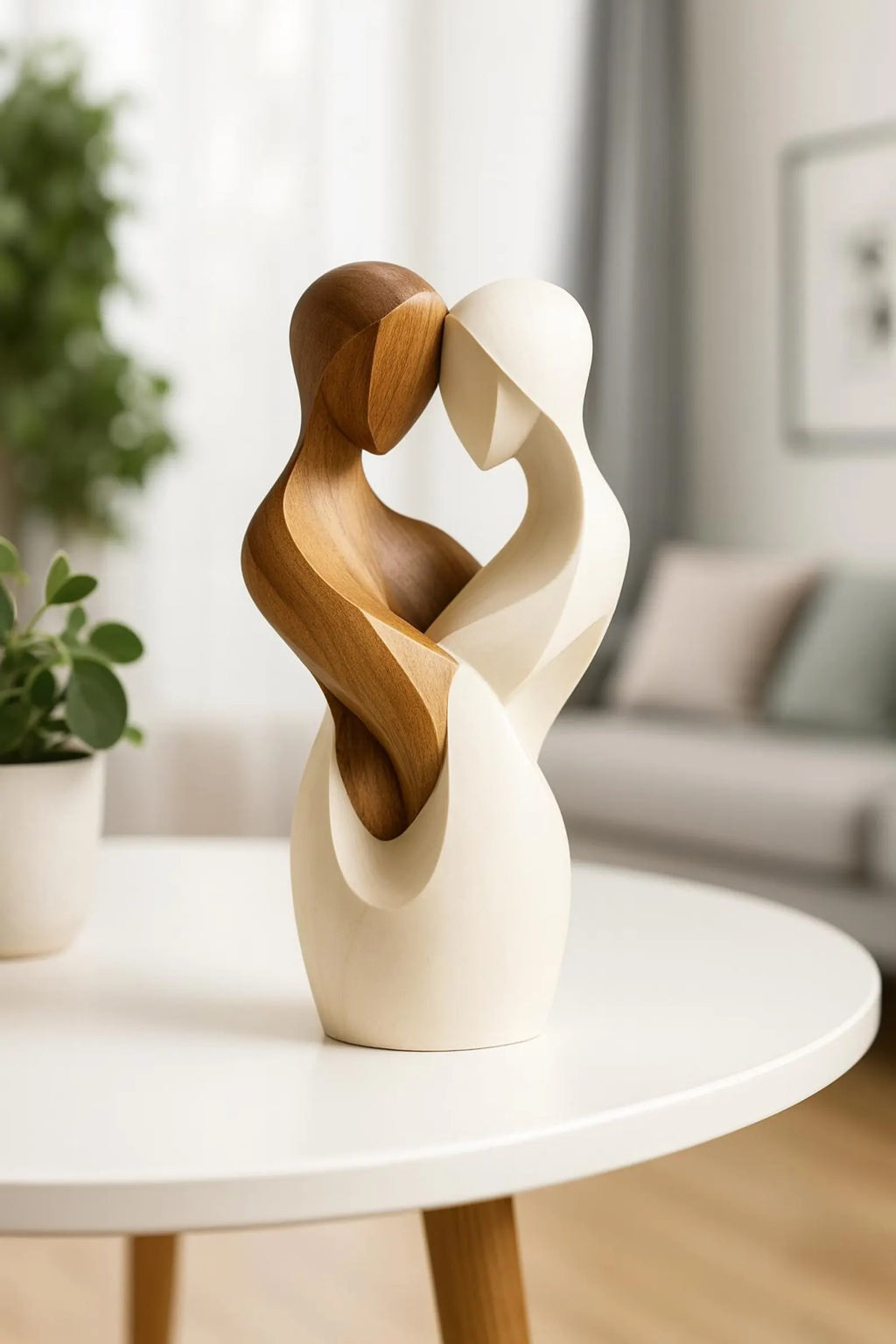 Minimalist wooden sculpture of a hugging couple – dual-tone home décor figurine
