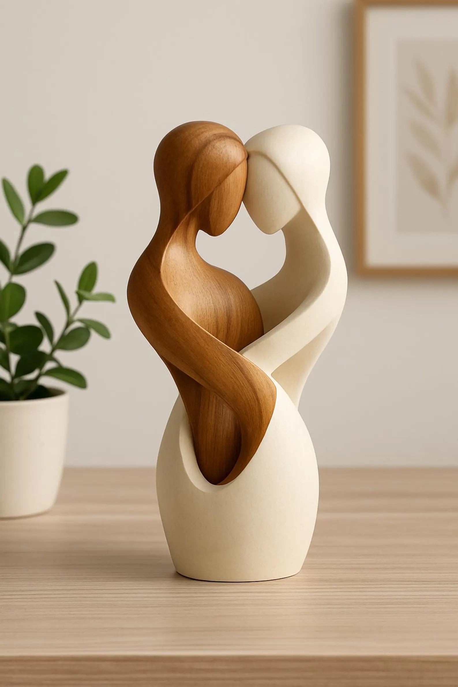 Minimalist wooden sculpture of a hugging couple – dual-tone home décor figurine
