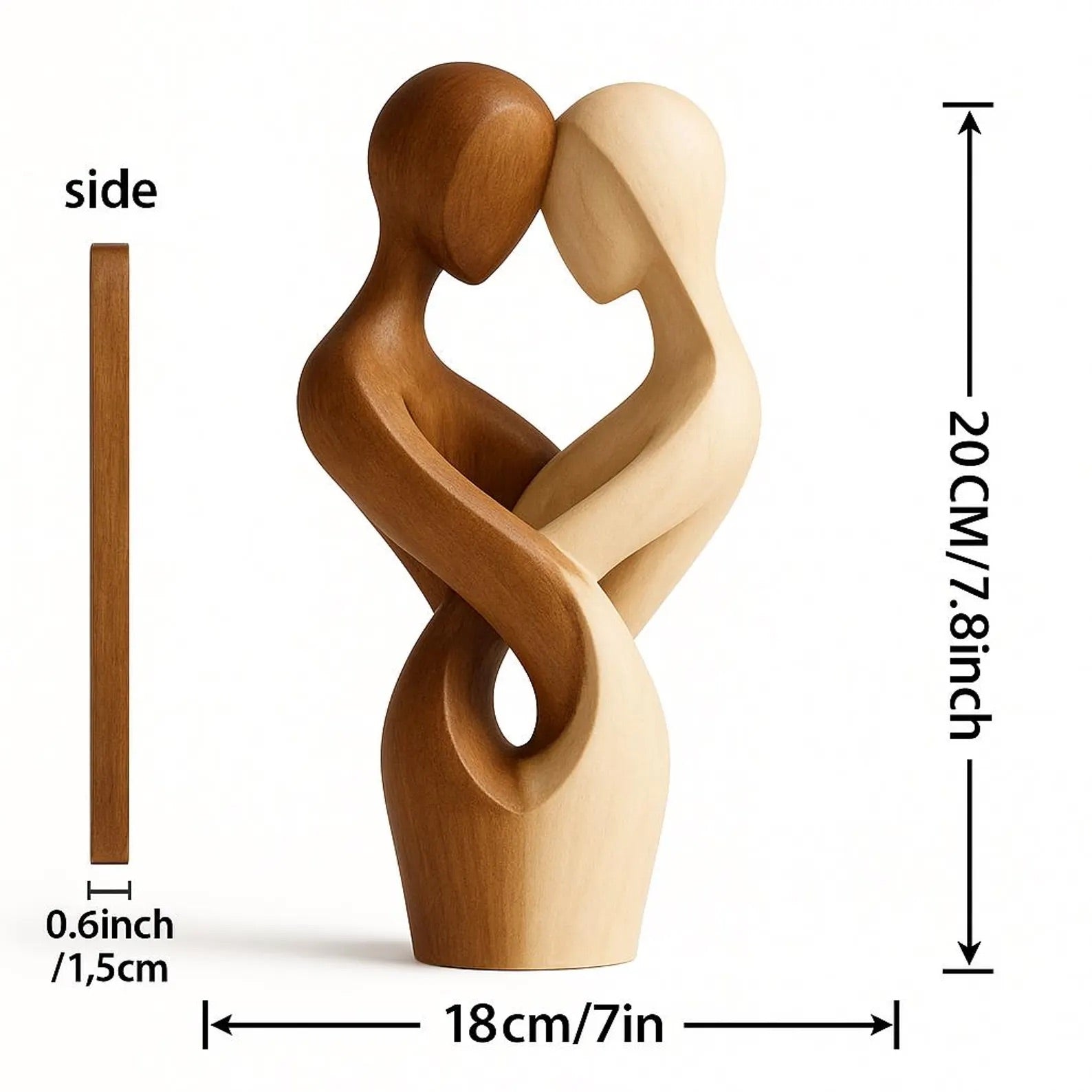 Minimalist wooden sculpture of a hugging couple – dual-tone home décor figurine
