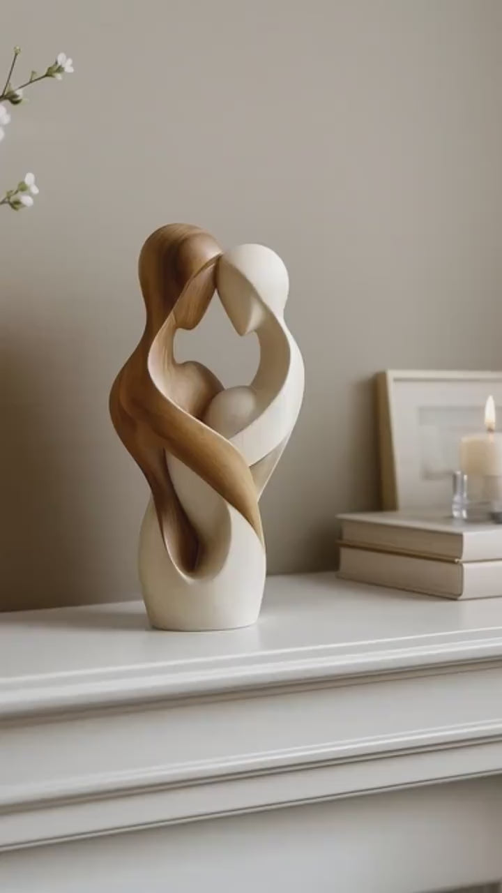 Minimalist wooden sculpture of a hugging couple – dual-tone home décor figurine
